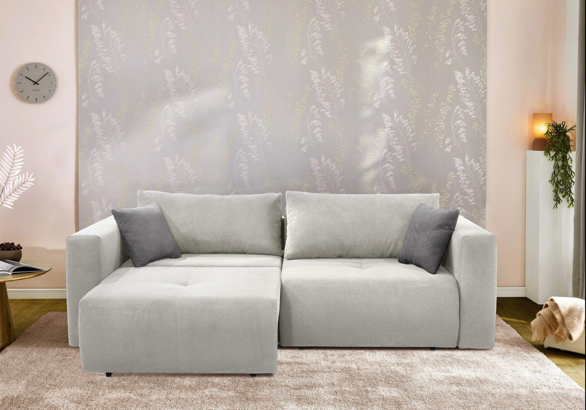 SCHLAFSOFA Verwandlung: Big-Sofa/Eckcouch, 2 Bettkästen, B243/T115-161/H84 cm, Liegefläche 145x197 cm, Waffelcord Silber-Grau / 15242 - Silberfarben/Schwarz, Kunststoff/Textil (243/84/115cm) - luma-home