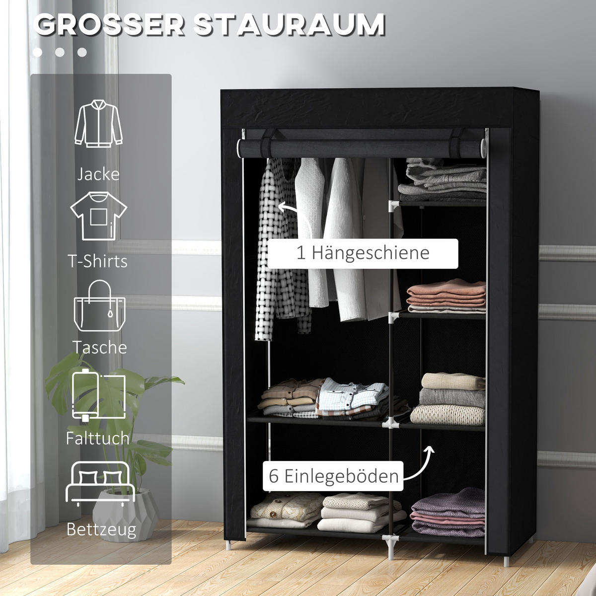 KLEIDERSCHRANK Stoffschrank Faltschrank mit 2 Kleiderstangen, 6 Fächern, Schwarz - Schwarz, Metall (43/162.5/103cm) - HOMCOM