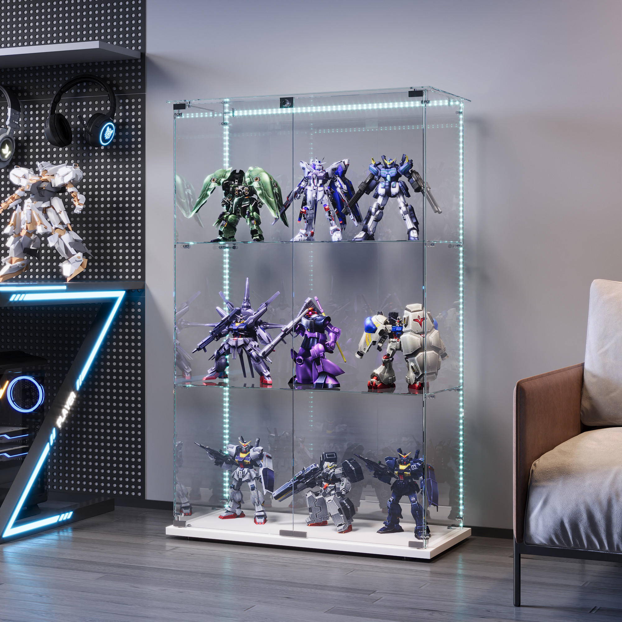 VITRINE Weiß Mit LED, 2 Türen, 3 Böden, Glas-Schrank Für Wohnzimmer - Weiß, Holz (35/123.3/78.5cm)
