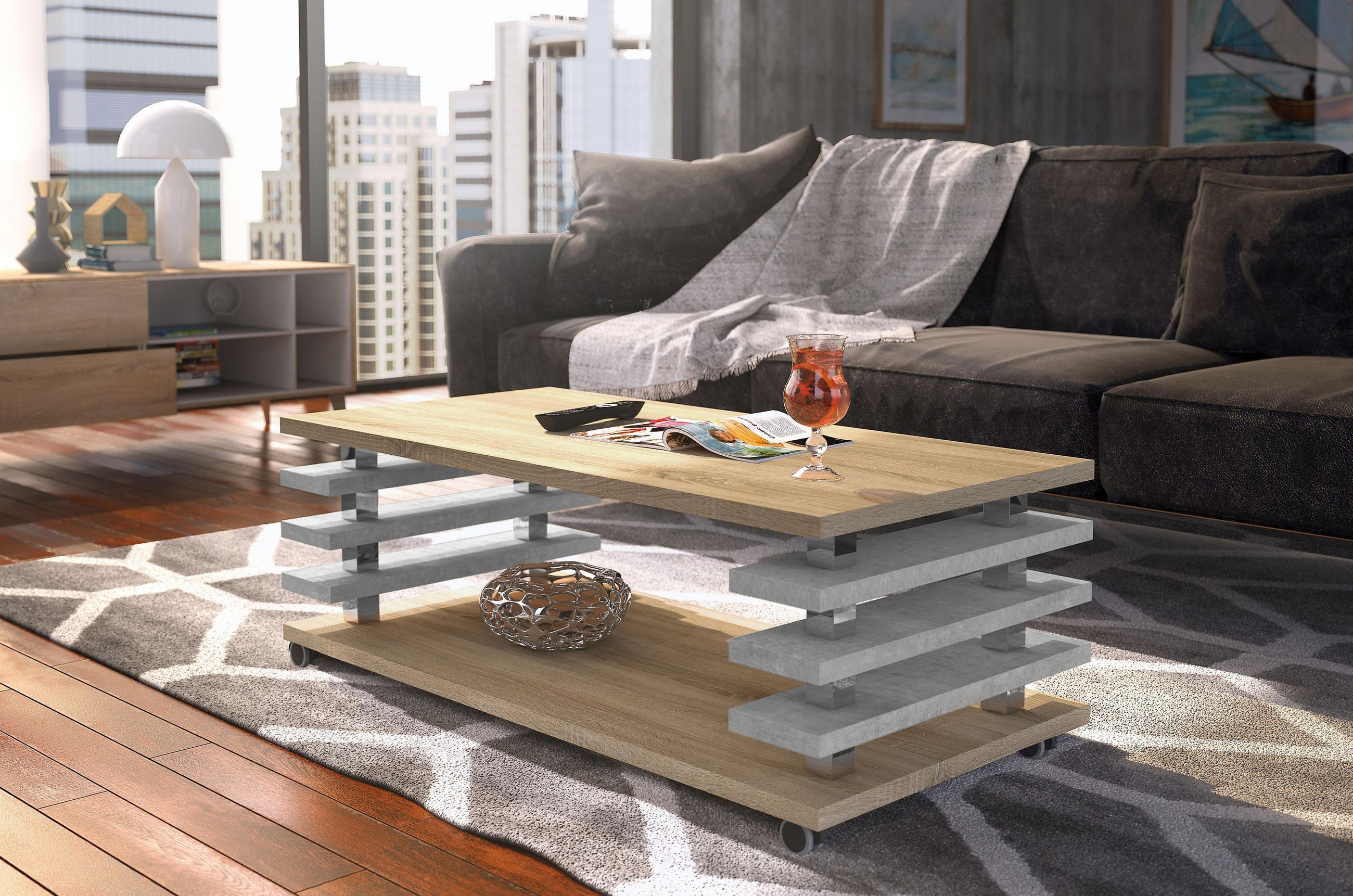 COUCHTISCH rechteckig Sonoma Eiche - Beton Ablage Rollen - Hellgrau/Sonoma Eiche, Holzwerkstoff (60/120/45cm) - designimpex