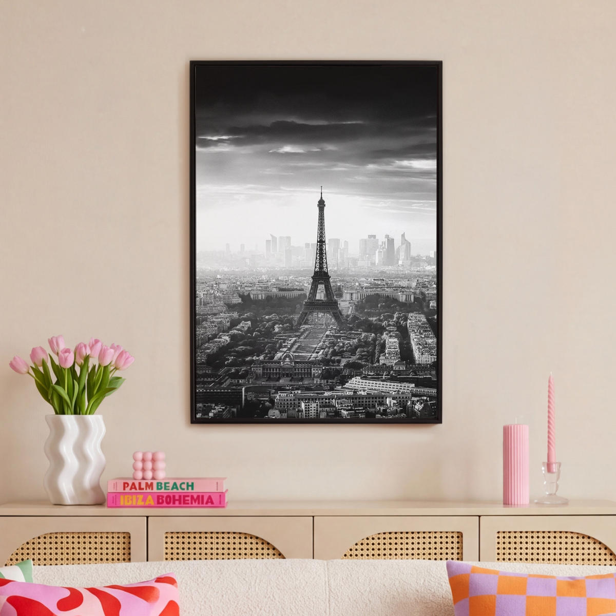 LEINWAND Bilder mit Rahmen - Paris - Skyline - Eiffelturm - Stadt - Wolken - 60x90 - Dunkelgrau, Textil (60/90cm) - MuchoWow