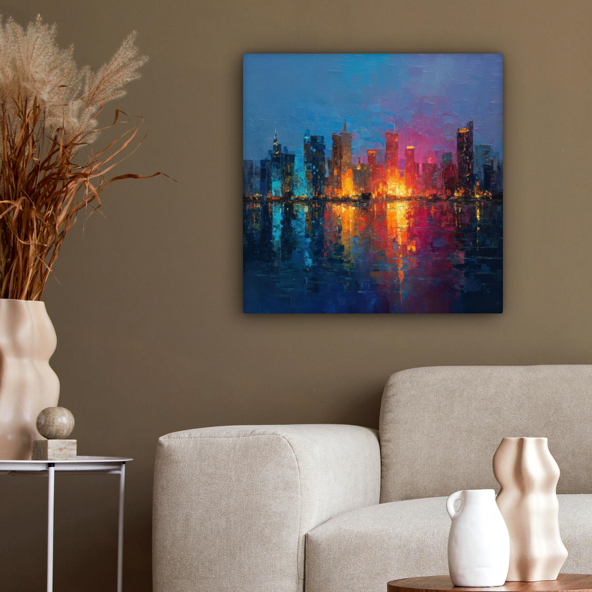 LEINWANDBILD Skyline - Pinselstriche - Dunkelblau - Leuchtend Wandbild Wohnzimmer 50x50 cm - Blau, Textil (50/50cm) - MuchoWow