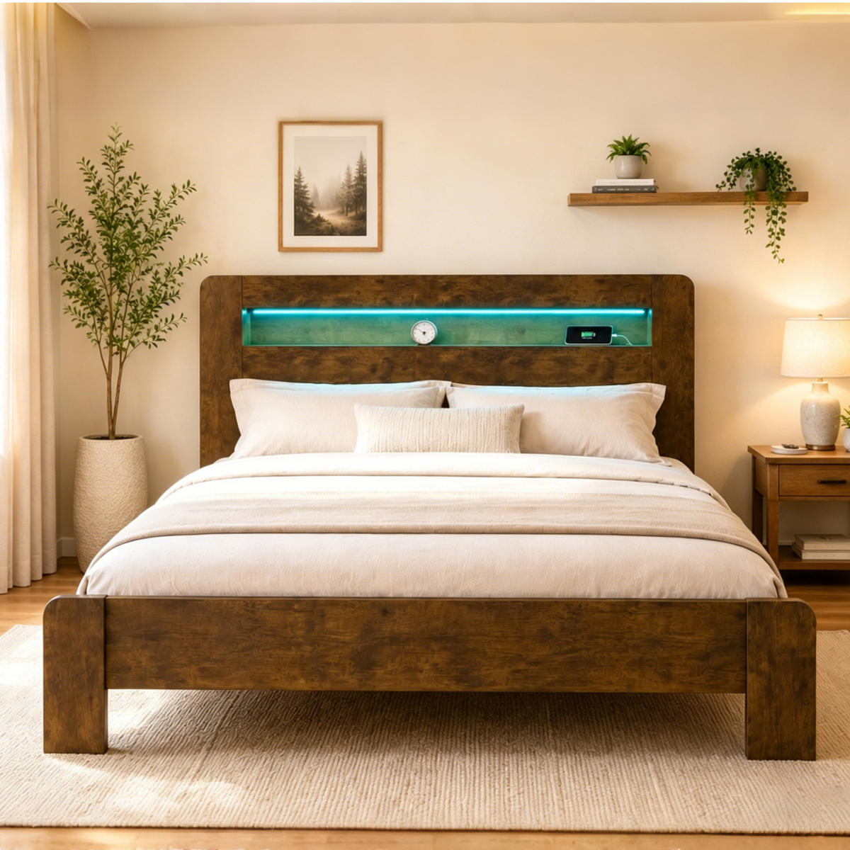 BETT 180/200 cm in Weiß Holz mit Stauraum, LED und Steckdosen - Nussbaumfarben, Holz/Holzwerkstoff (180/200cm) - WISHDOR