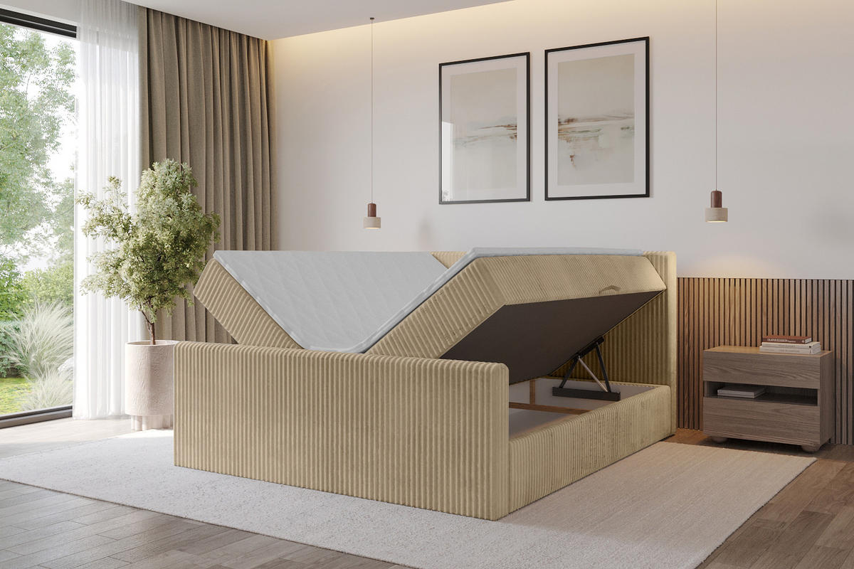 BOXBETT mit Matratze H3 und Lattenrost - TOLO-Z - 180x200 Cord - Beige - Beige, Holzwerkstoff (180/200cm) - ALTDECOR