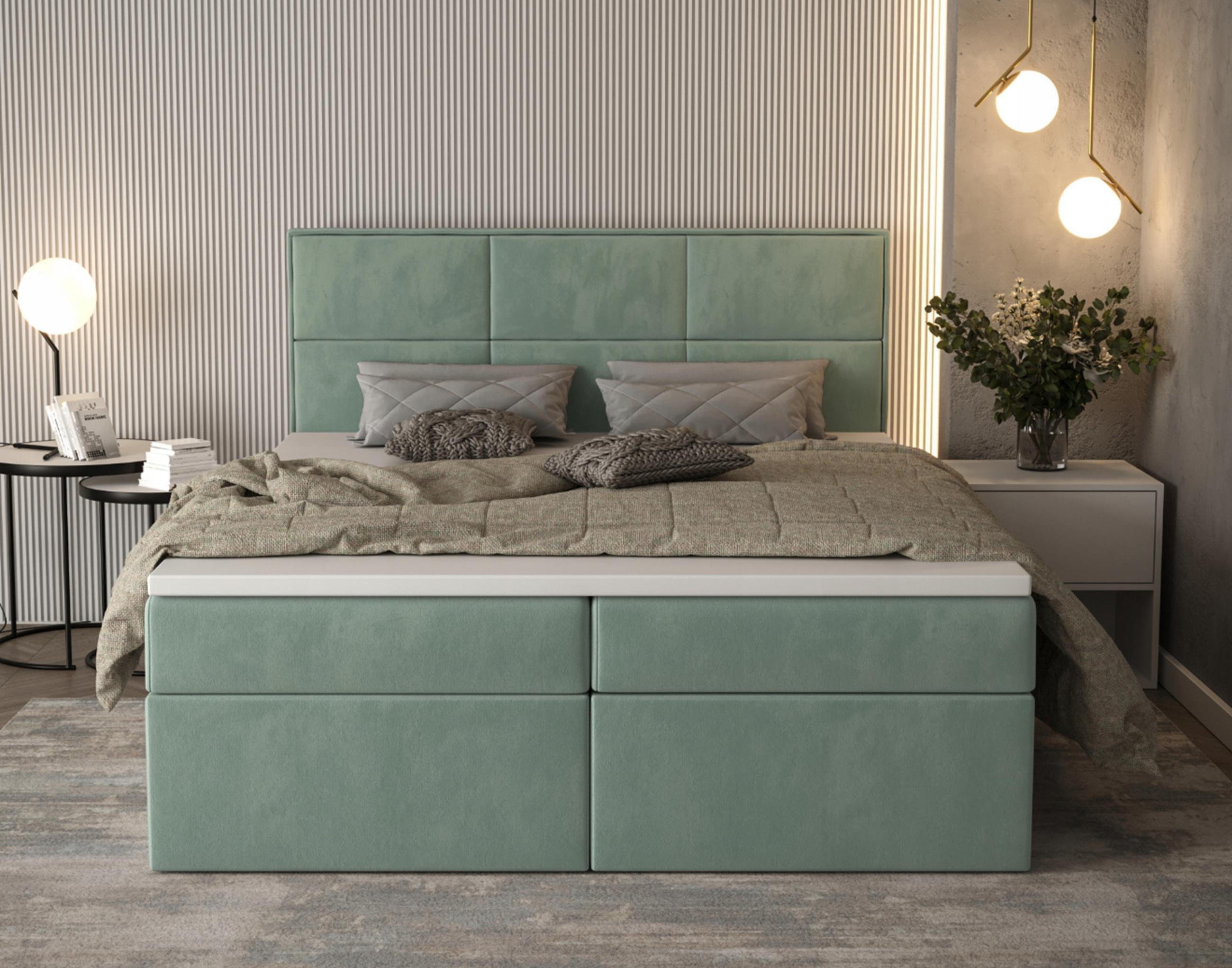 BOXBETT Gallese 140/200 cm in Salbeigrün – mit Bettkasten und Topper - Schwarz/Grün, Holz/Holzwerkstoff (140/200cm) - AX Living