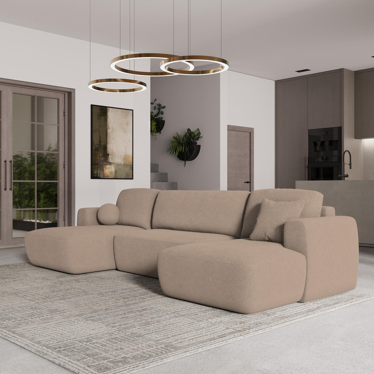 WOHNLANDSCHAFT SENTUM N Beige Boucle-Stoff mit Schlaffunktion - Beige, Holz (330/90/148cm) - MASSENO