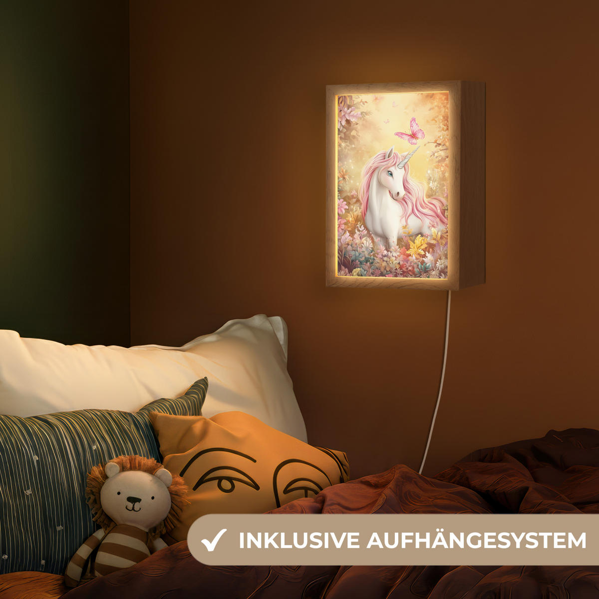 NACHTTISCHLAMPE Einhorn - Blumen - Schmetterling - Rosa 20x30 cm - Beige, Holzwerkstoff (8/20/30cm)
