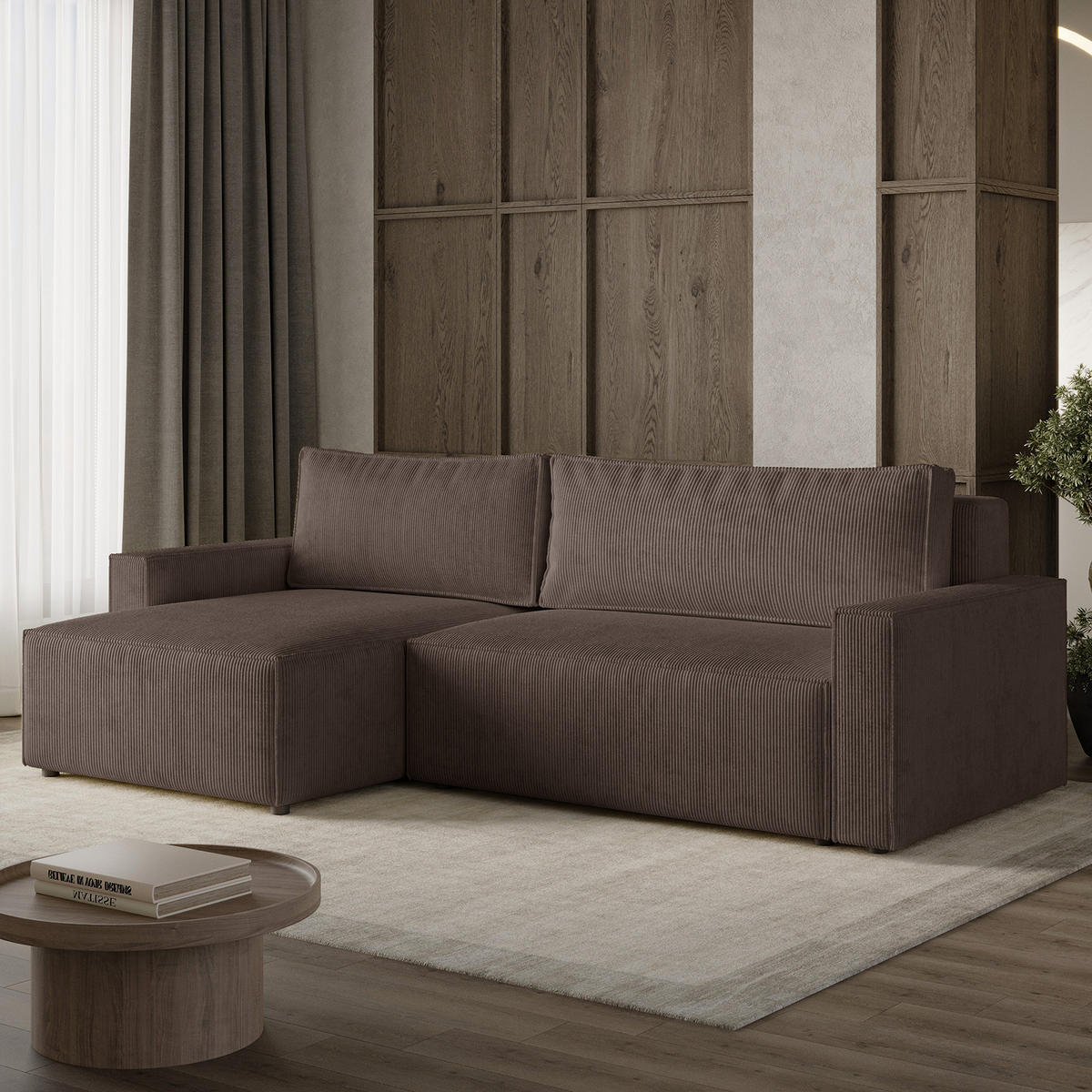 ECKSOFA LIVIO L mit Schlaffunktion und Bettkasten, weicher, dicker Cord pet friendly - POSO 06 - Braun, Holz (230/195cm) - Dekori_Interiors
