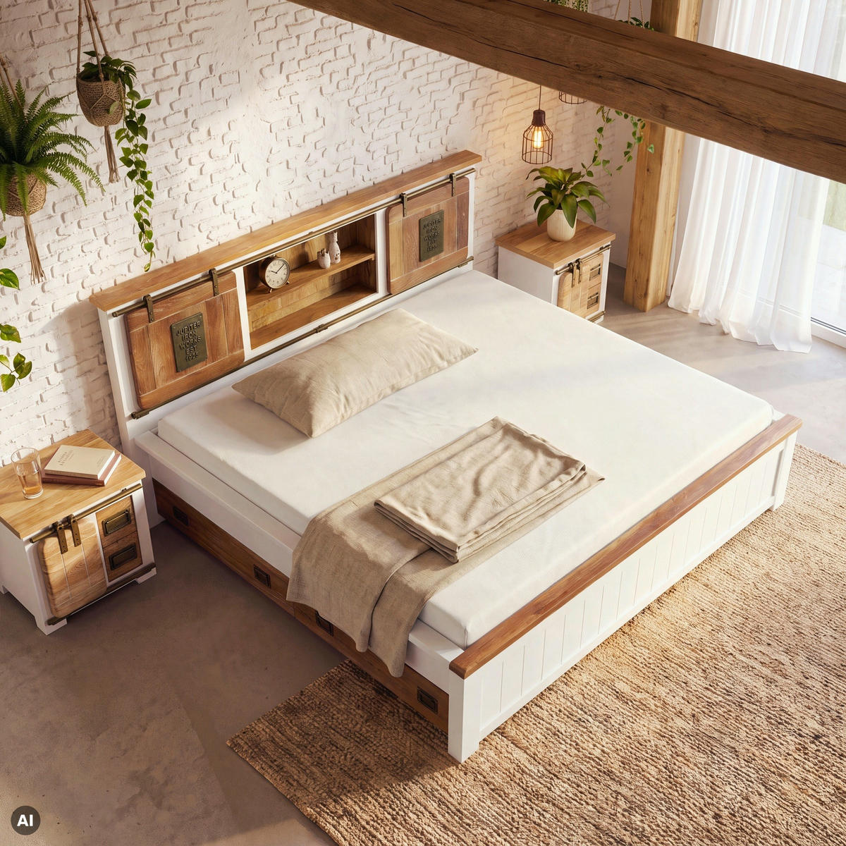 BETT mit Schublade Massivholz Mango 180 x 200 x 107 weiß RAILWAY #572 - Weiß, Holz (180/200cm) - Massivmoebel24