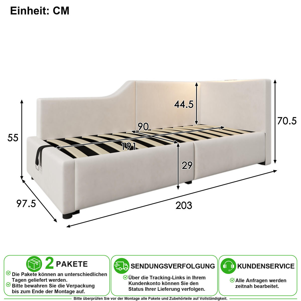 POLSTERBETT 90/190 cm in Beige Samt mit Bettkasten, Leselampe und USB-C - Beige, Holzwerkstoff/Textil (90/190cm) - CHICFURN