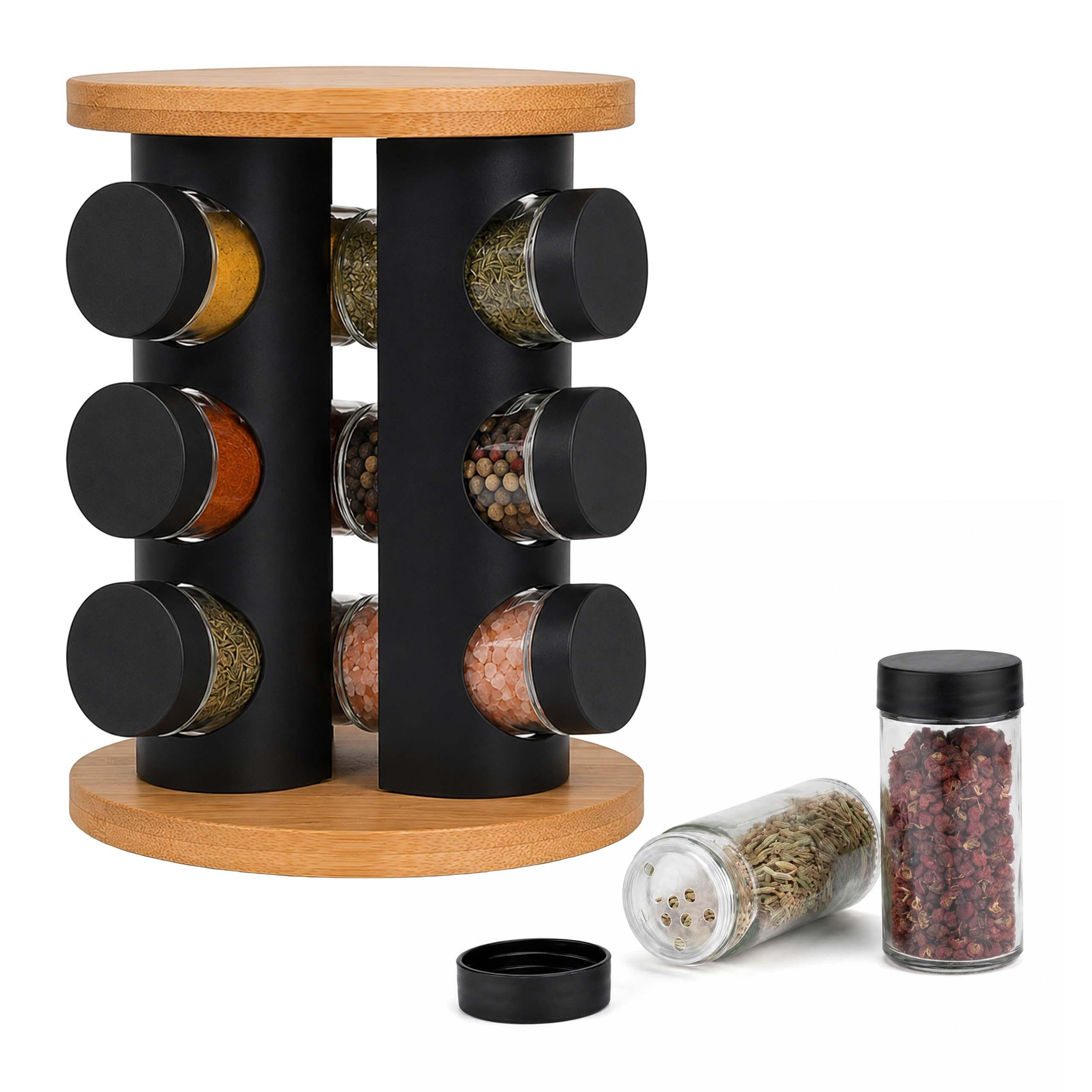 GEWÜRZKARUSSELL Natur Schwarz Transparent 12er-Set - Multicolor, Glas/Holz (19.5/22/19.5cm) - Relaxdays