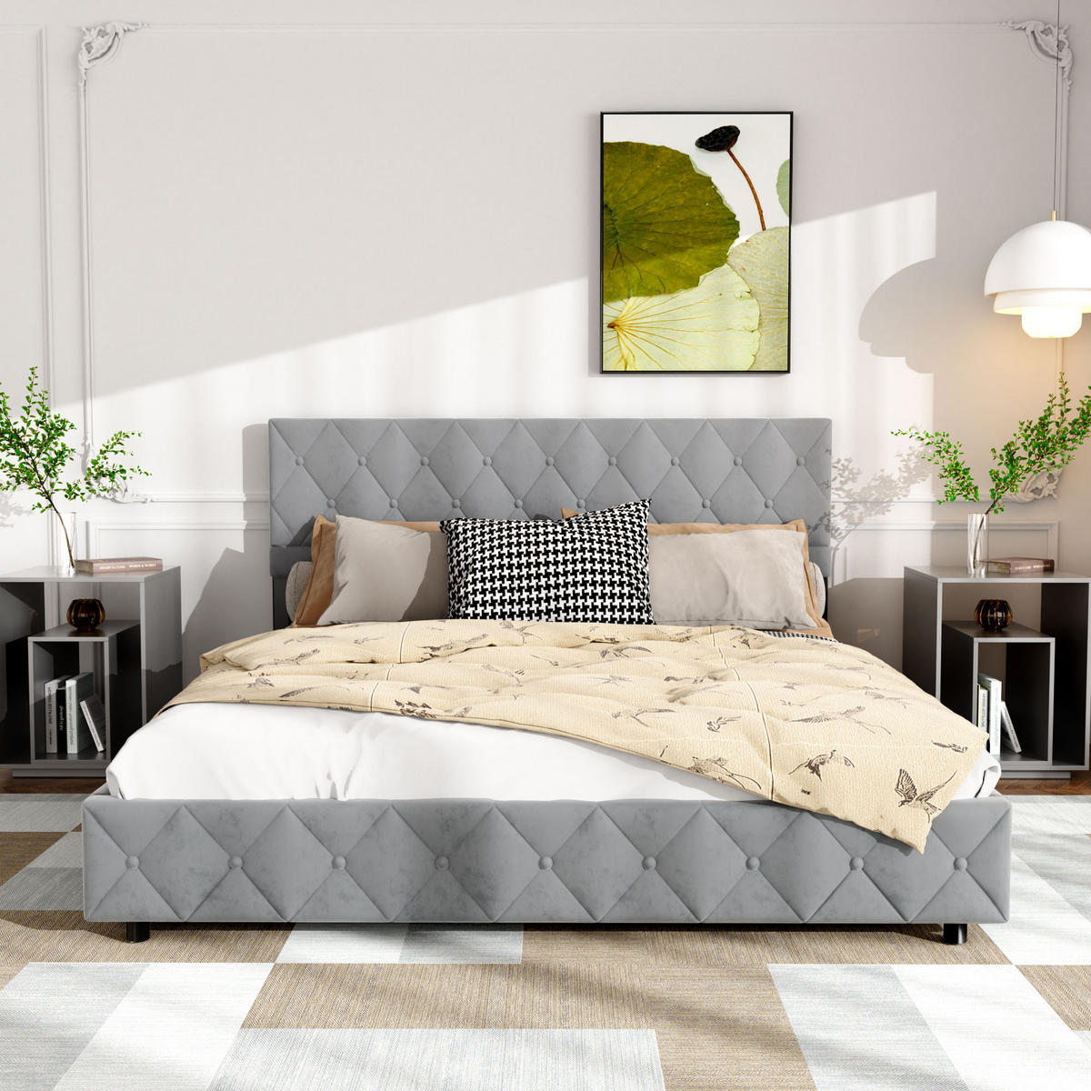 POLSTERBETT 180/200 cm in Grau, Samt, mit Matratze und Bettkasten - Hellgrau, Holzwerkstoff/Textil (180/200cm) - WISHDOR
