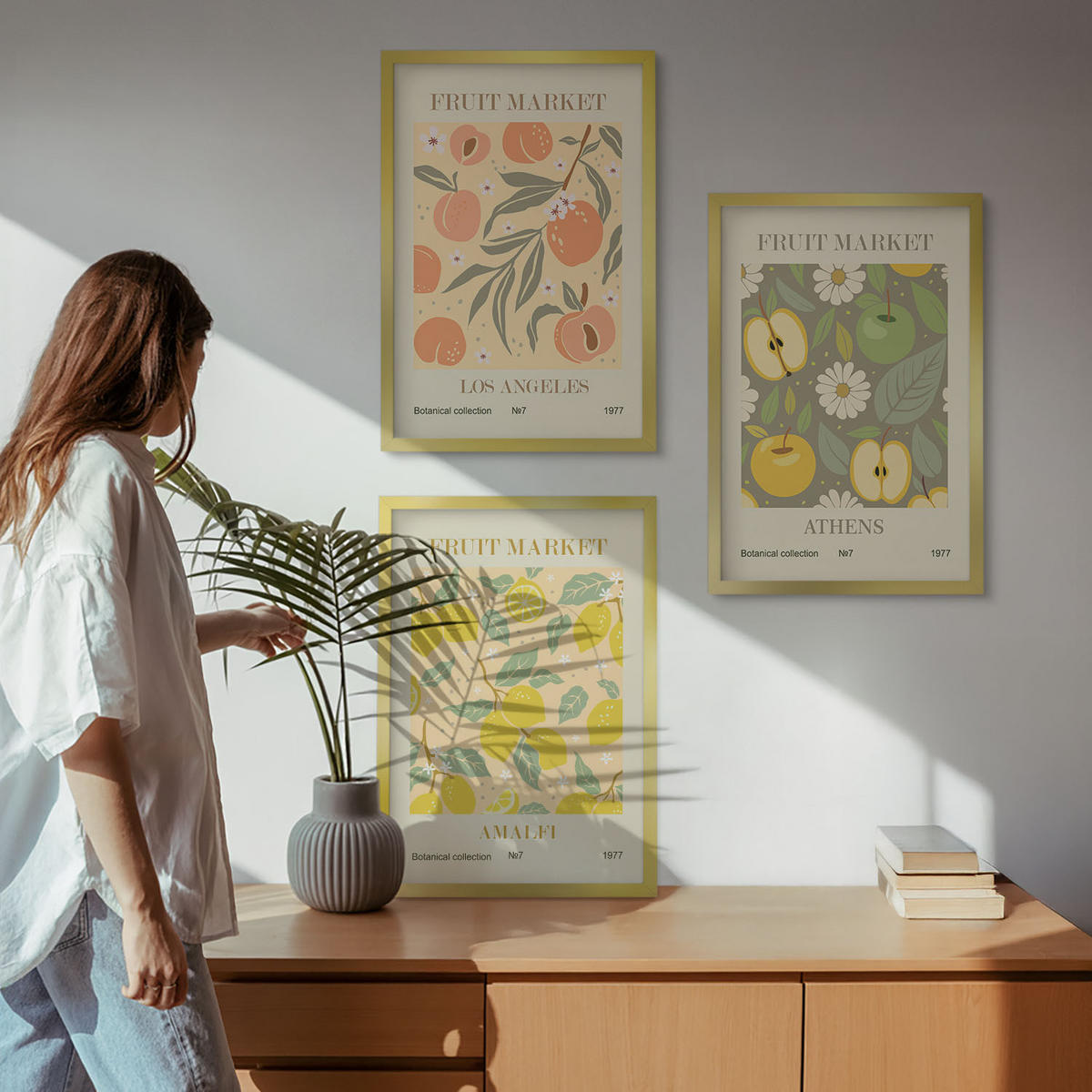 WANDBILDER 3er Set - 40x60 cm Goldrahmen - Retro-Poster mit Fruchtmustern - Goldfarben, Kunststoff (40/60cm) - ArtPrintCave
