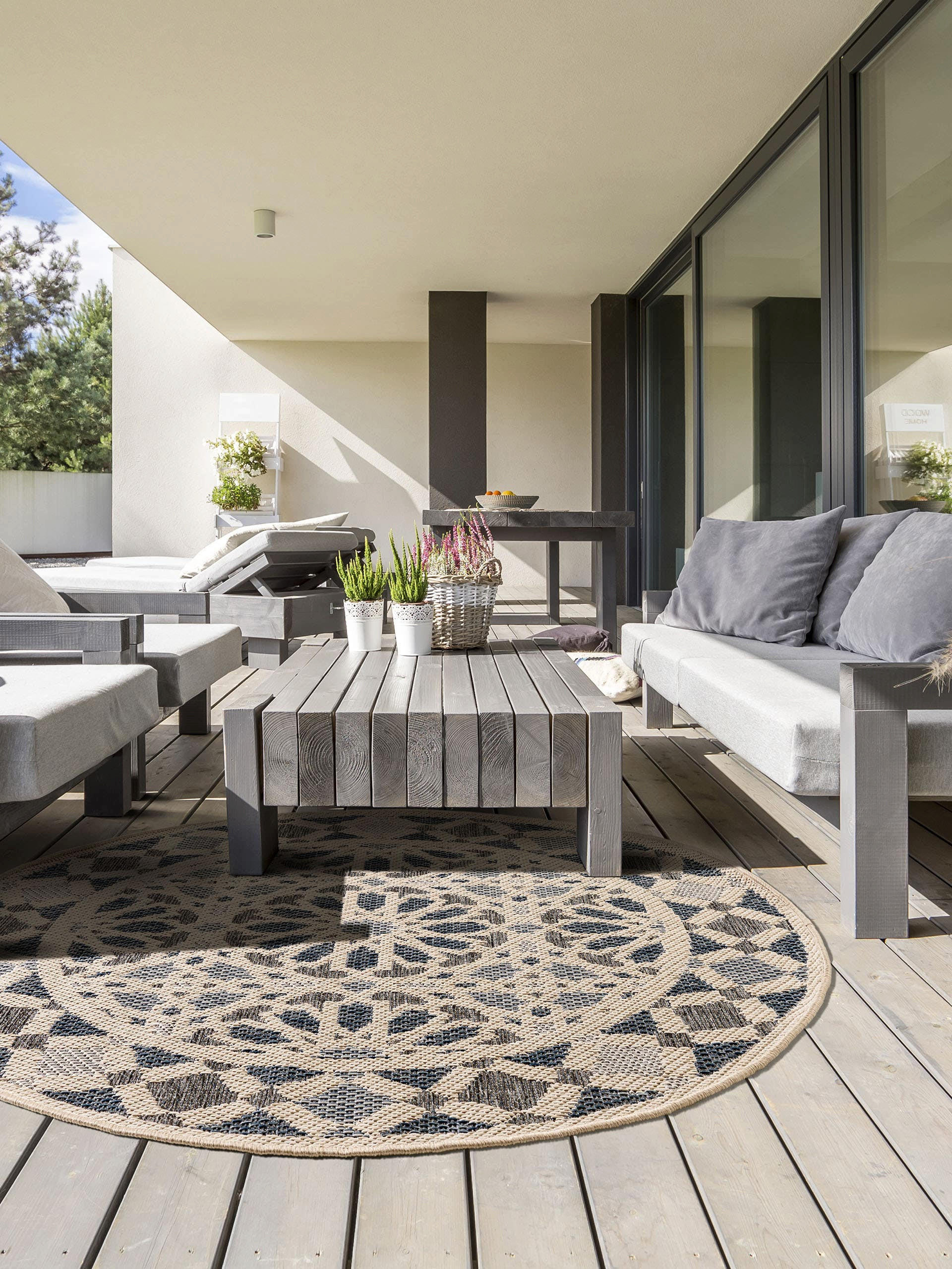 Outdoorteppich rund River Beige/Blau ø 130 cm rund - Beige, Textil (130/130cm) - benuta Nest