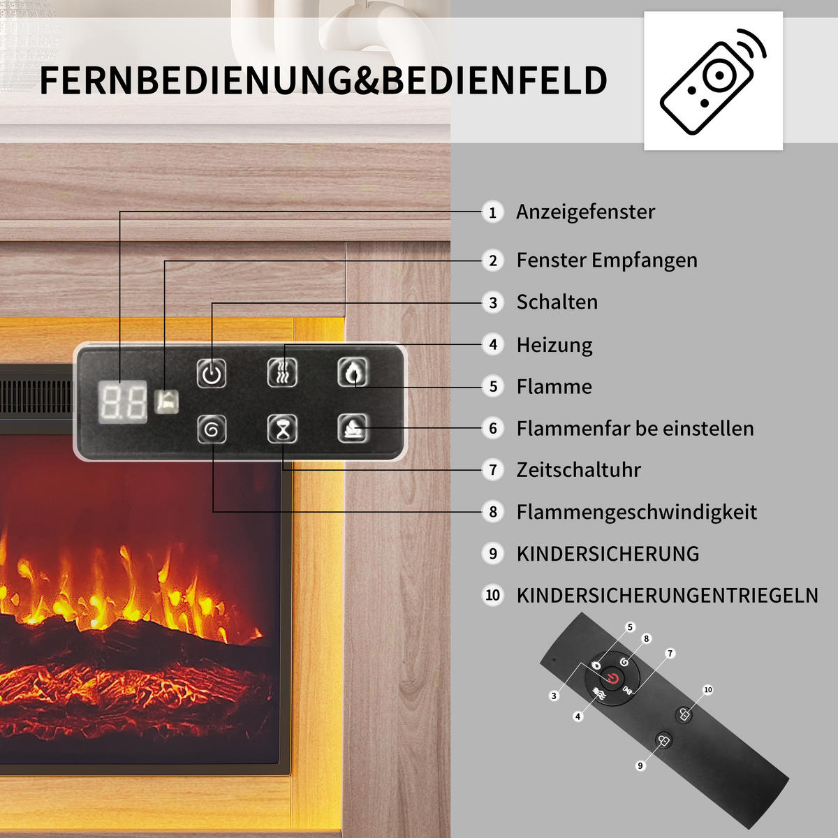 ELEKTROKAMIN, Eiche, mit Möbel, LED multicolor, 3D Flammen, Helligkeit & Farbregelung - Eichefarben, Holz (101/88.8/34.5cm) - EuroLiving
