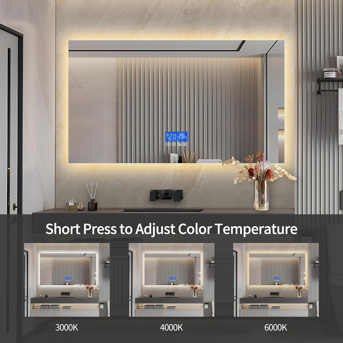 BADEZIMMERSPIEGEL mit LED, Rechteck 80 x 120 cm, Anti-Beschlag, Temperaturanzeige und 3 Anpassbare Helligkeit - Transparent, Glas (120/4/80cm)