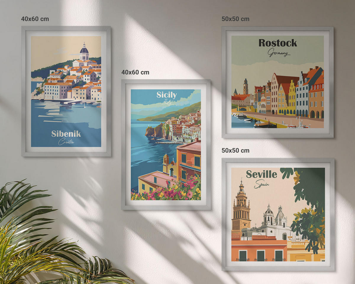WANDBILDER 4er Set - 50x50 cm & 40x60 cm Silberner Rahmen - Landschaften europäischer Städte - Silberfarben, Kunststoff (50/50cm) - ArtPrintCave