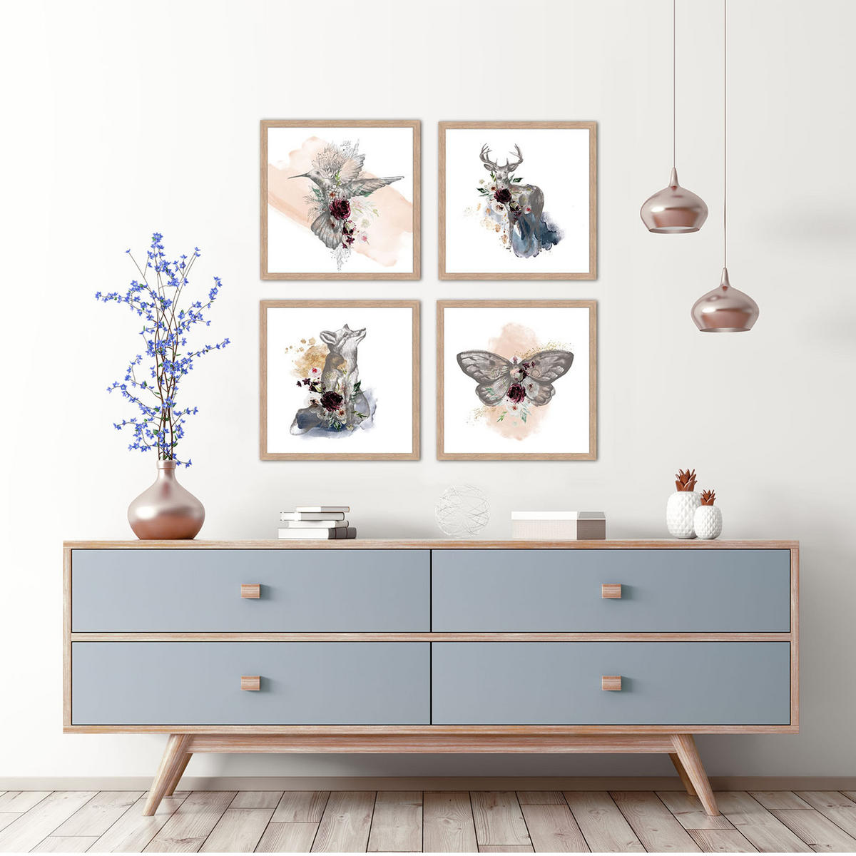 BILDER-SET mit Rahmen 4 x 30x30 cm Tiere Pastelltöne - Beige, Holz (30/30cm) - artissimo