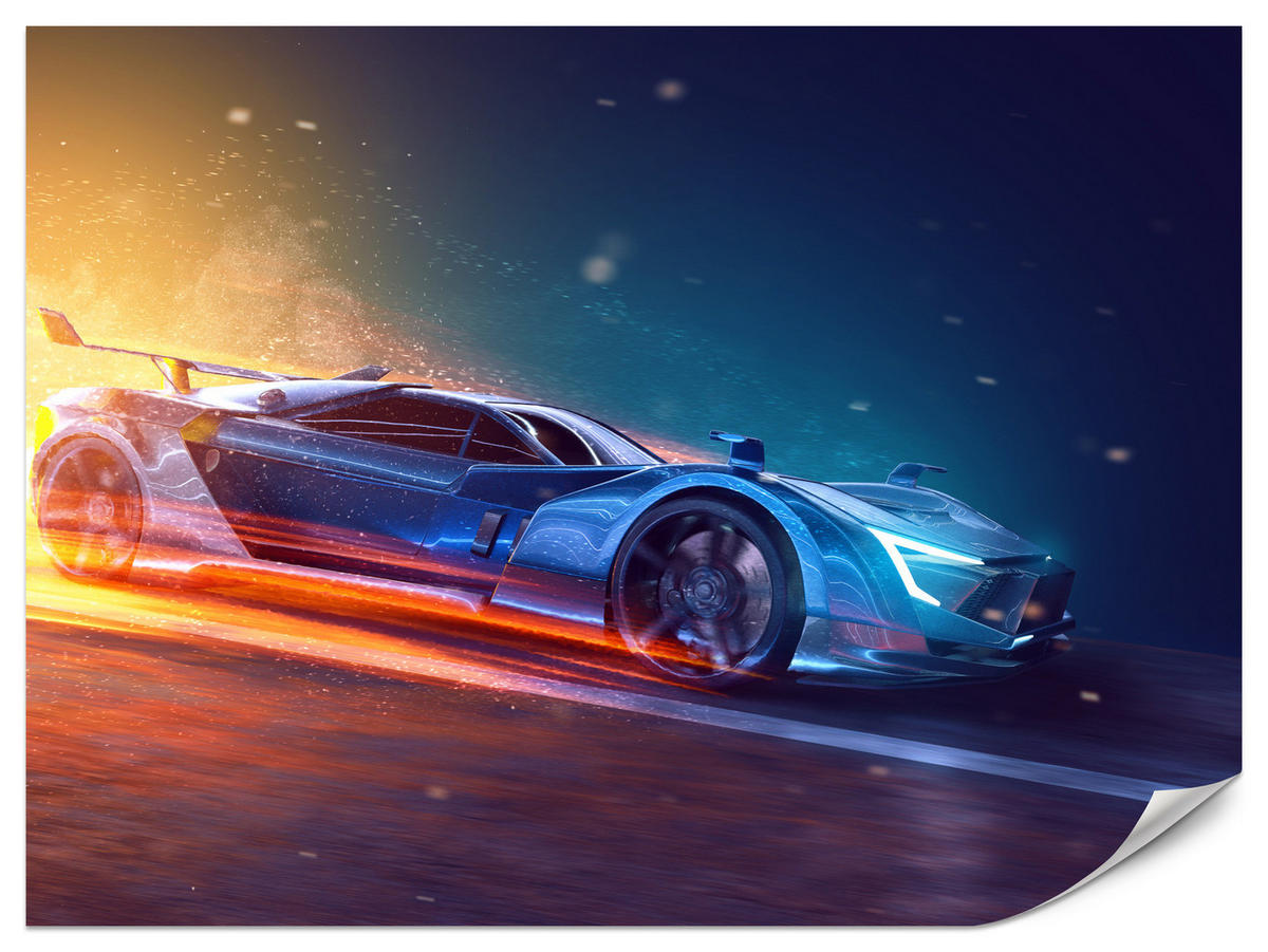 FOTOTAPETE für Jugendzimmer Futuristisches Sportwagen Neon 450x315 - Blau/Gelb, Papier (450/315cm) - Muralo