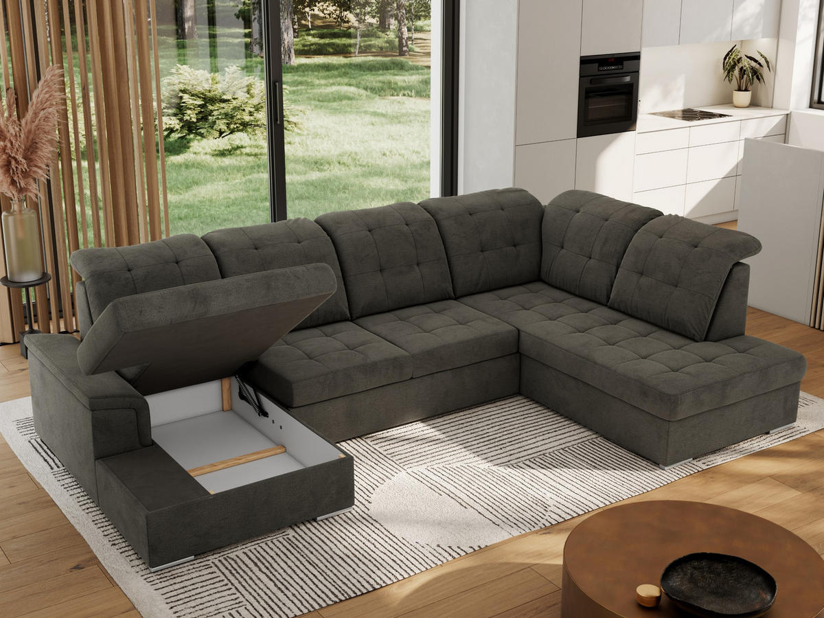 WOHNLANDSCHAFT MADRITO U - Dunkelgrau Velorus - Rechts - Dunkelgrau/Silberfarben, Textil/Metall (323/89/204cm) - MKS