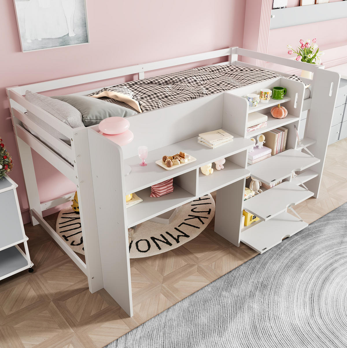HALBHOHES Bett 90/200 cm weiß aus Kiefer mit Stauraum - Weiß, Holz (90/200cm) - OKWISH