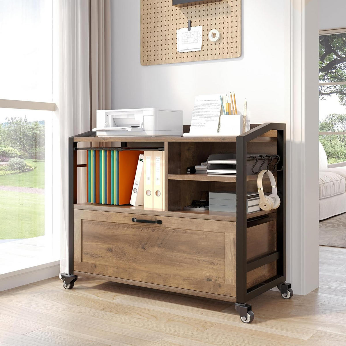 ROLLCONTAINER AKTENSCHRANK mit Hängeregister & Rollen INDUSTRIAL 83.8 x 40.0 x 72.5 cm - Braun, Holzwerkstoff/Metall (83/72.5/40cm) - Quality Elegance