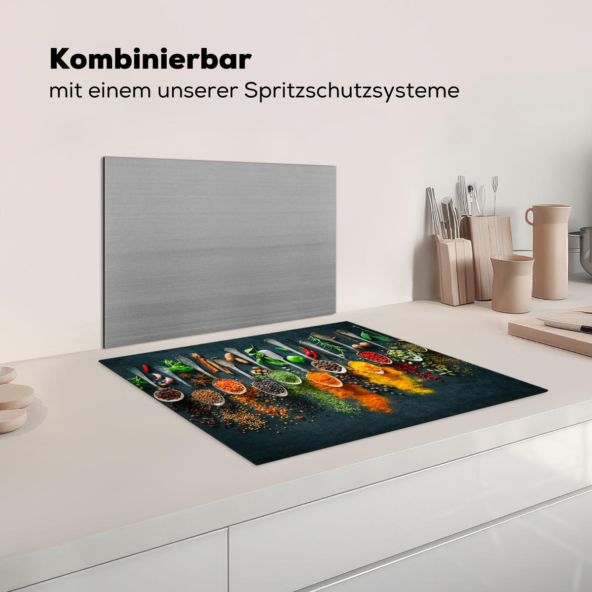 HERDABDECKPLATTE Kräuter - Gewürze - Löffel Herdabdeckung Induktionsfeld 65x52 cm - Multicolor, Kunststoff (65/52/0.2cm) - MuchoWow