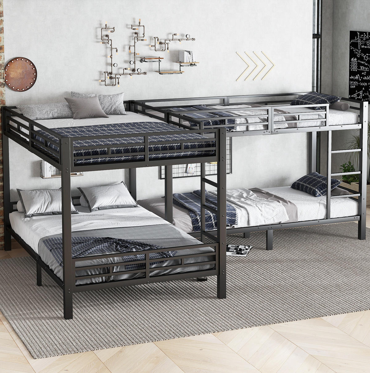 ETAGENBETT aus Eisen 90x200 cm und 140x200 cm Schwarz mit Leiter und Lattenrost - Schwarz, Metall (90/200cm) - IVMEU