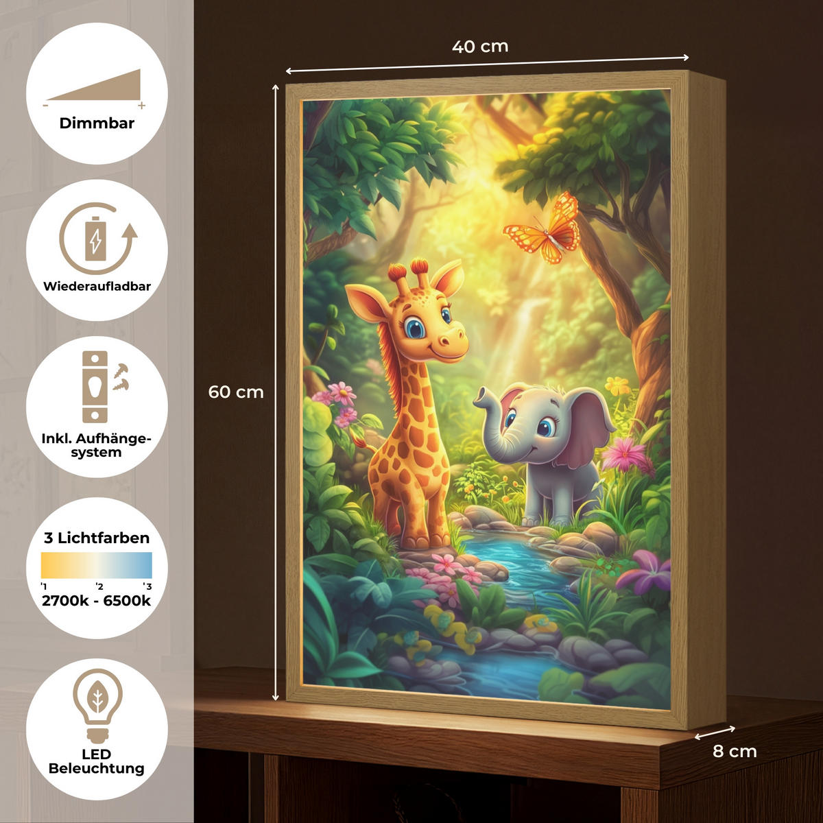 WANDLEUCHTE MIT AKKU Giraffe - Elefant - Blumen - Dschungel 40x60 cm - Grün, Holzwerkstoff (40/60/8cm) - OnlyWow