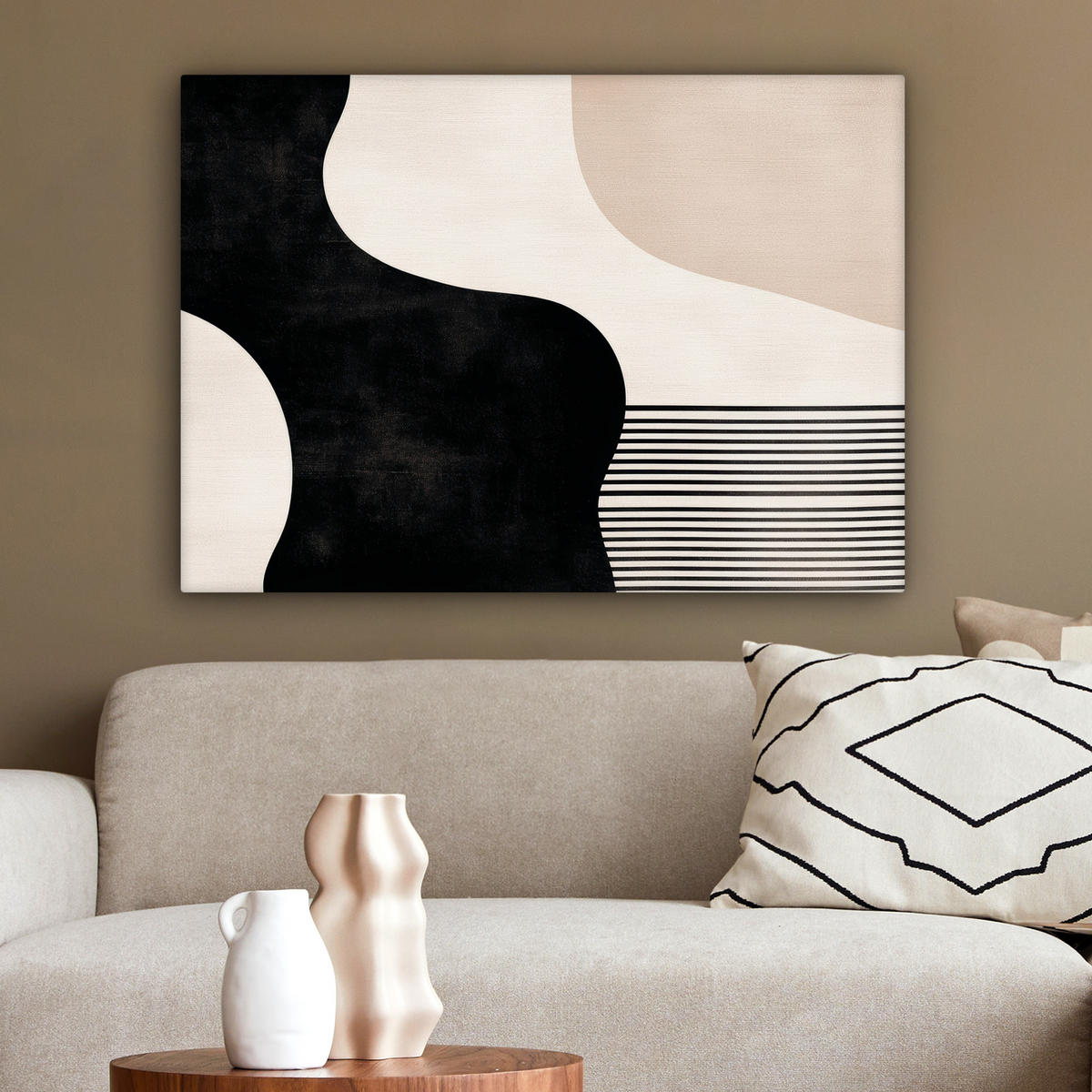 LEINWANDBILD Abstrakt - Japandi - Beige - Modern Wandbilder 80x60 cm - Schwarz, Textil (80/60cm) - MuchoWow