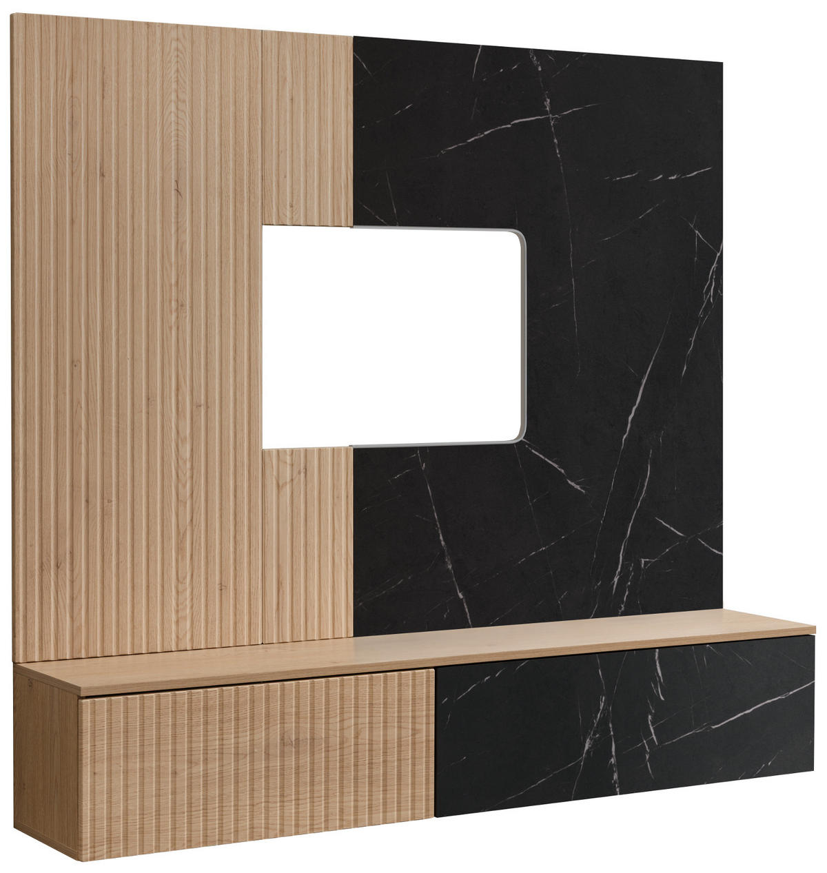 TV-LOWBOARD Cremona Eiche, Marmor schwarz 160 cm hängend, TV Unterschrank Set mit Wandpaneel - Eichefarben/Schwarz, Holzwerkstoff (160/148/35cm) - Inn.Furn