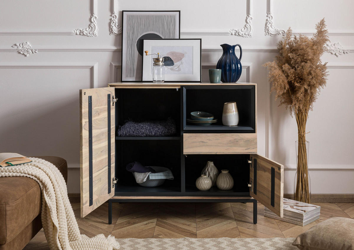 KOMMODE Akazie 90x45x85 grau-weiß geölt CHICAGO #08 - Braun, Holz (90/85/45cm) - Massivmoebel24
