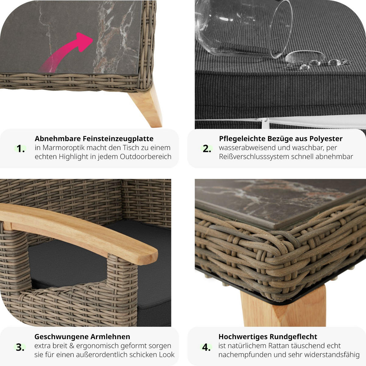 GARTENTISCH Tarent mit 4 Stühlen Rosarno, Armlehnen und Füße aus Holz, natur - Naturfarben, Kunststoff - tectake
