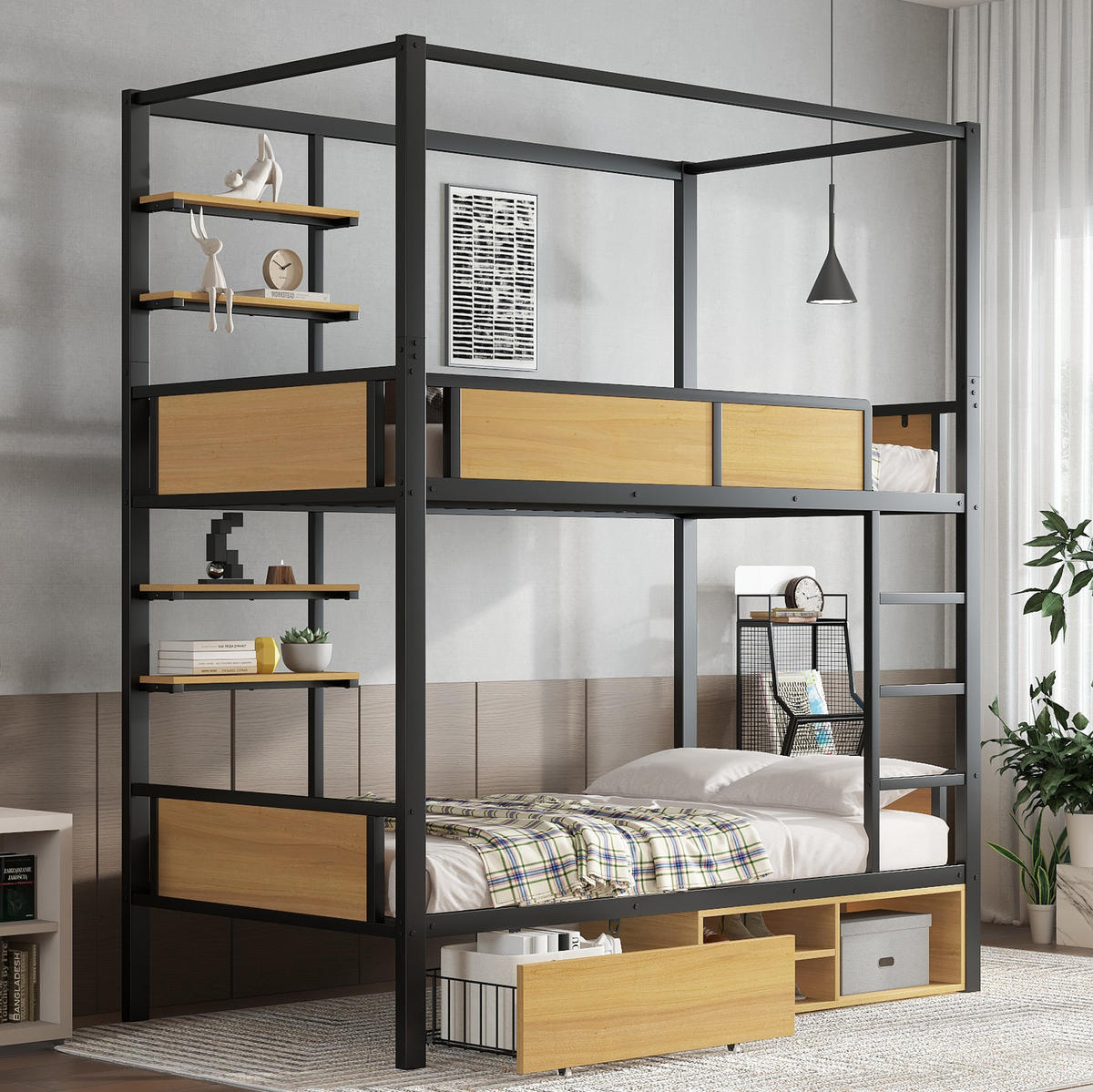 ETAGENBETT 90/200 cm mit Treppe, Ablageflächen und Stauraum aus Metall und MDF, Schwarz/Natur - Schwarz, Holzwerkstoff (90/200cm) - Redom