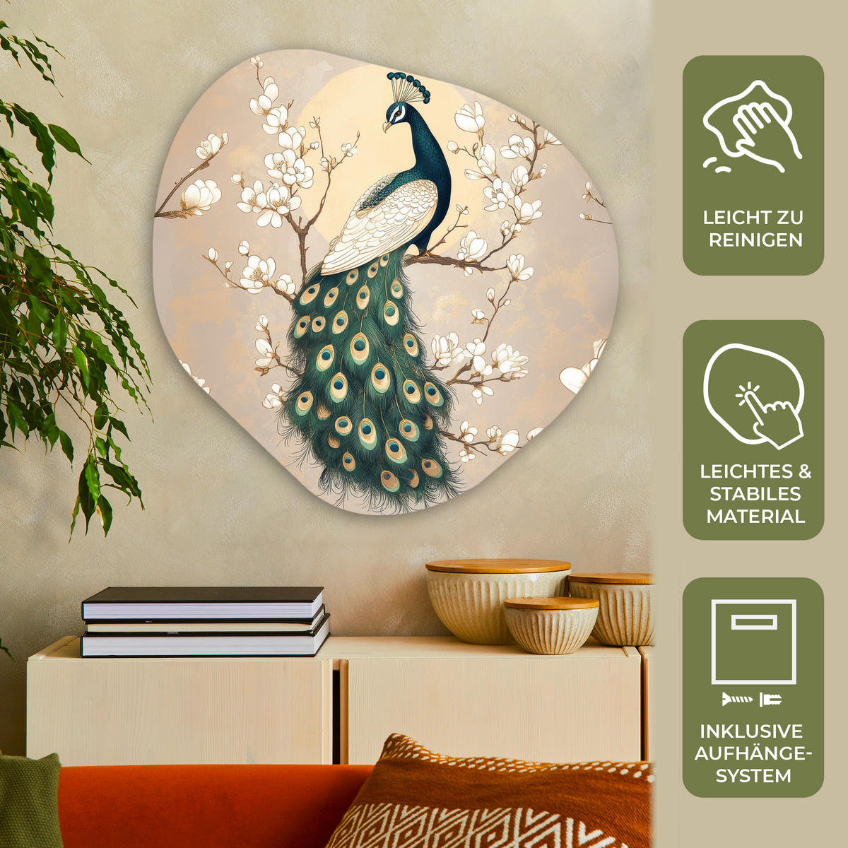 WANDBILD Pfau - Zweig - Blumen 90x90 cm - Champagner, Kunststoff (90/90cm) - MuchoWow