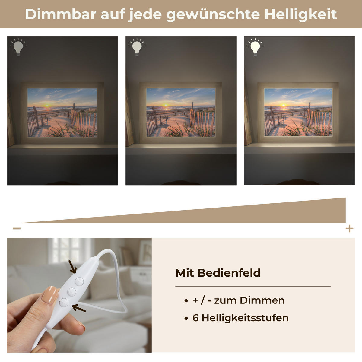 TISCHLEUCHTE Strand - Meer - Düne - Sonnenuntergang - Landschaft 20x15 cm - Creme, Holzwerkstoff (8/20/15cm) - OnlyWow