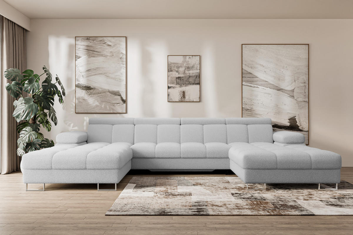 WOHNLANDSCHAFT mit Schlaffunktion und Bettkasten COMA U2 345x203x79 Hellgrau Bouclé - Edelstahlfarben, Holzwerkstoff/Textil (345/79/203cm) - ALTDECOR