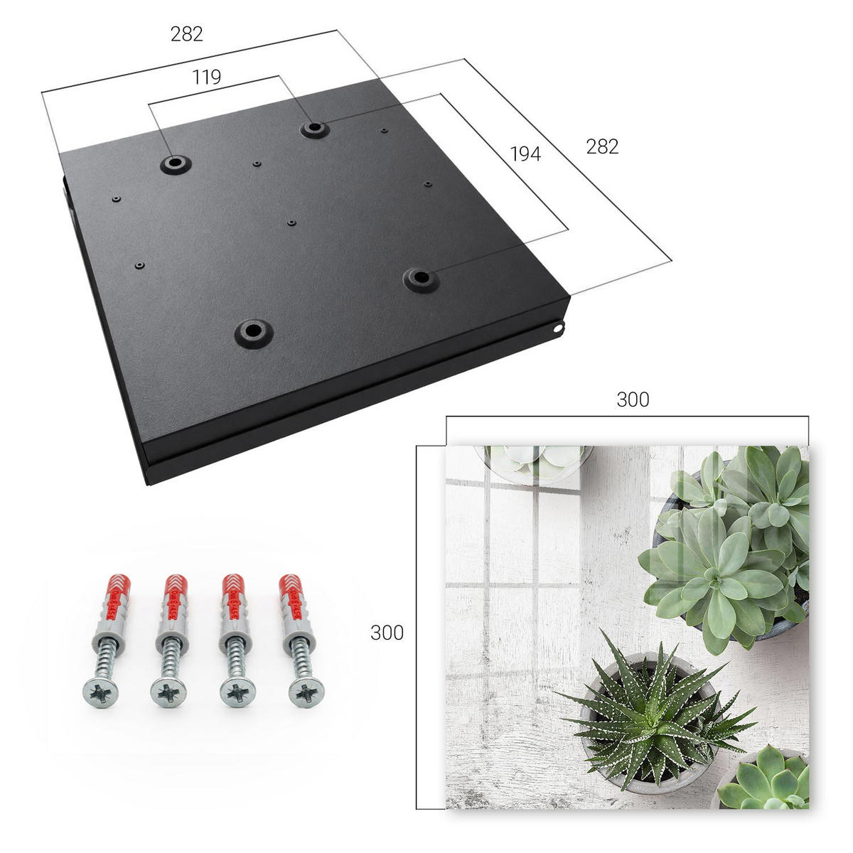 SCHLÜSSELBOX Schwarz 30x30 cm- Türöffnung nach rechts - Grüne Sukkulenten - Grün, Metall (30/30/5cm) - TULUP