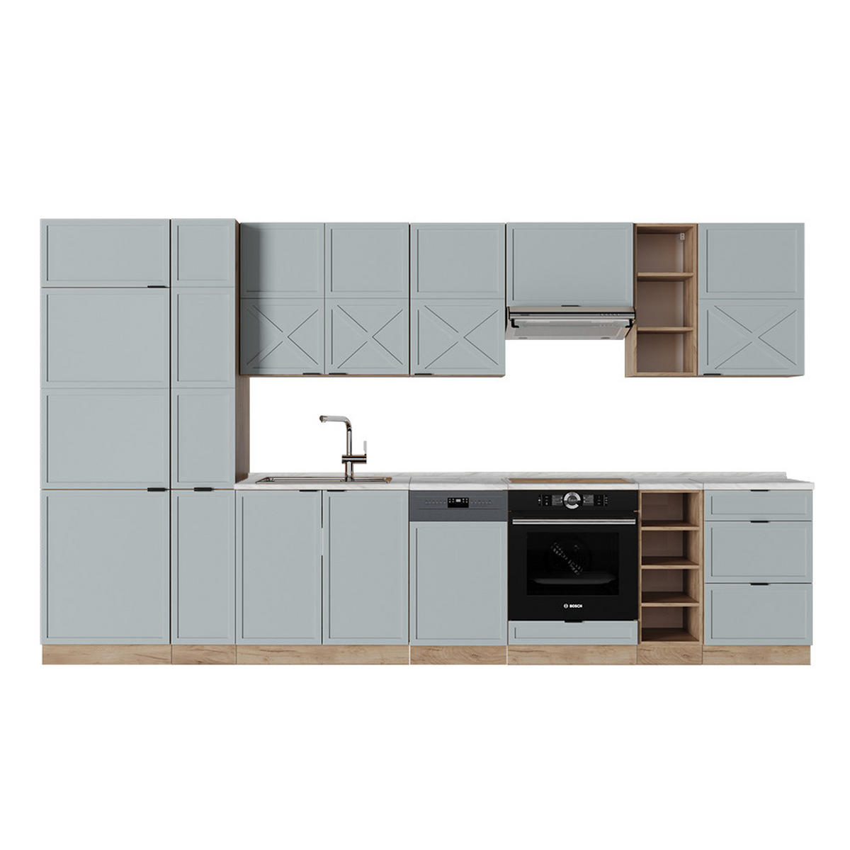 KÜCHENZEILE Fame-Line Hellblau-grau/Goldkraft Eiche 355 cm ohne AP - Honigeiche/Hellblau, Holzwerkstoff (355/81.6/46cm) - Vicco