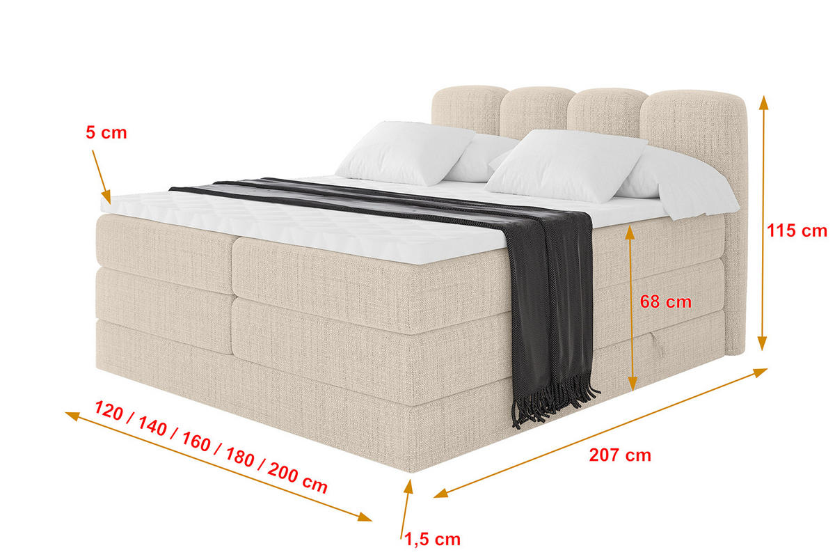 BOXBETT mit Matratze H3|H4 - NINA KING - 160x200 cm - Beige - Beige, Holzwerkstoff (160/200cm) - ALTDECOR