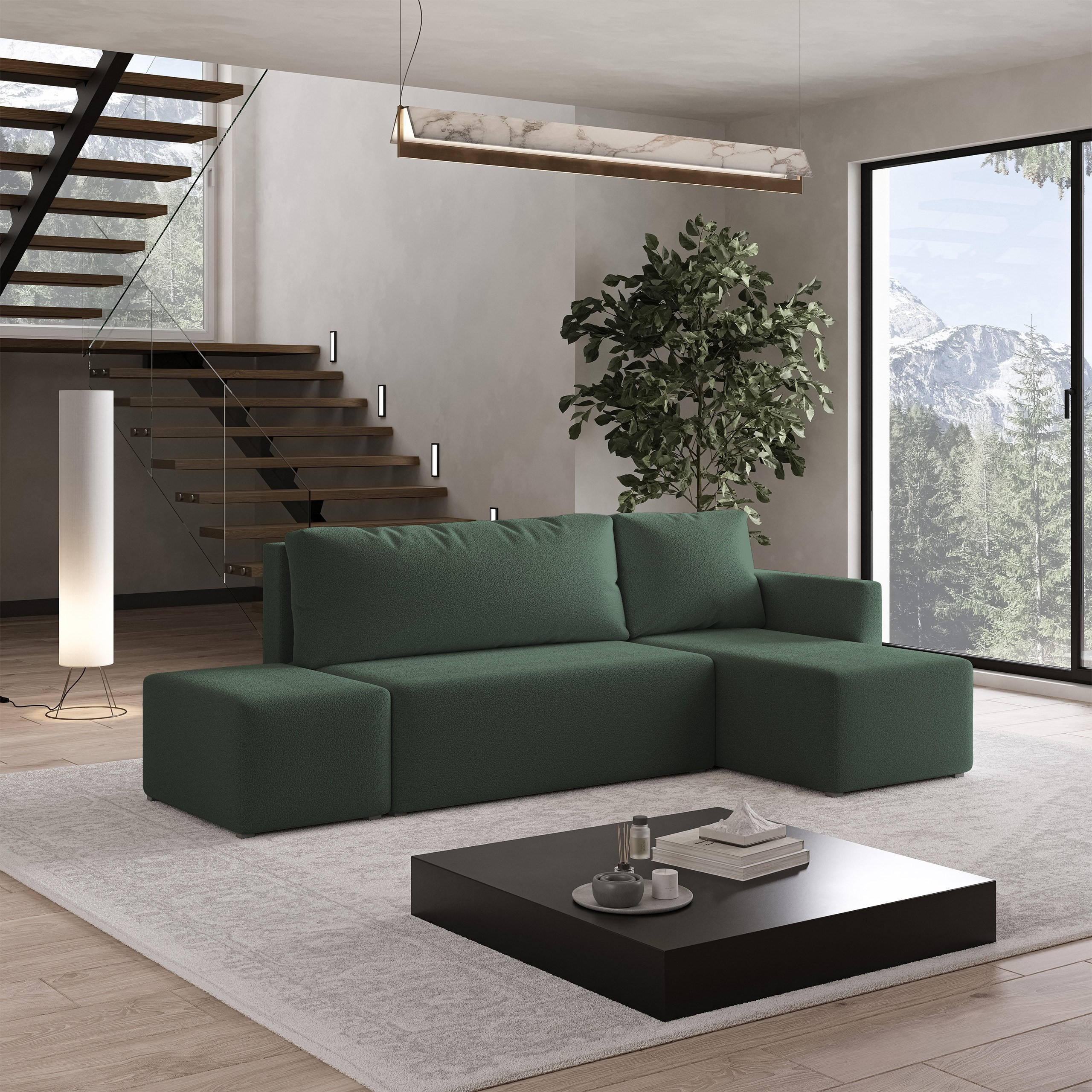 ECKSOFA VELOTTI R-S Grün Boucle-Stoff mit Schlaffunktion - Grün, Holz (261/143cm) - MASSENO