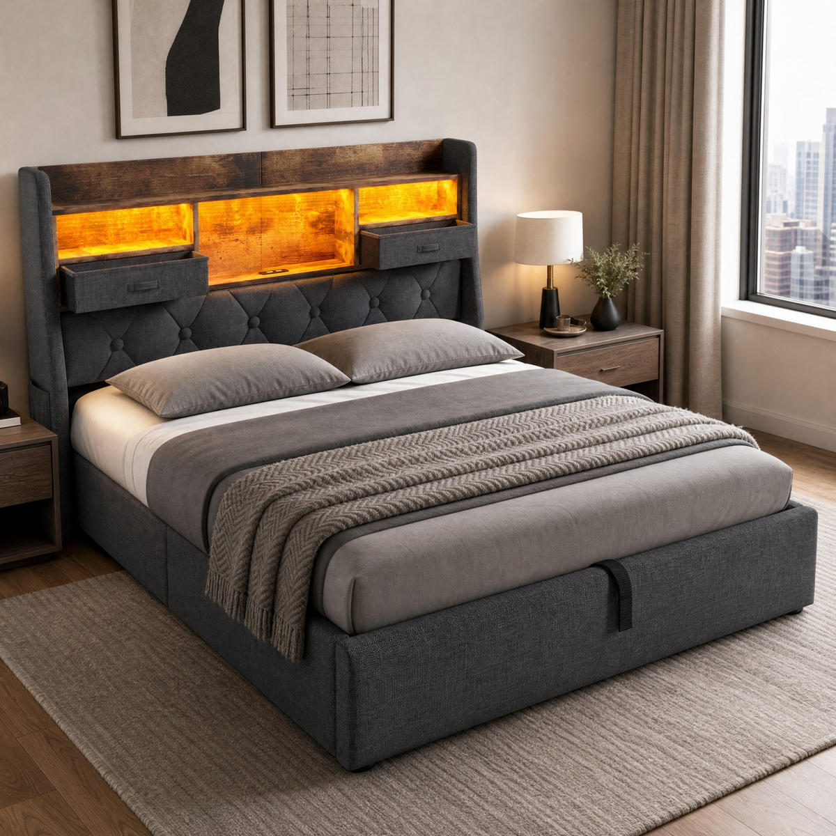 POLSTERBETT 160/200 cm in Grau mit Bettkasten, LED, USB und Type-C Leinen Retro-Design - Grau, Holzwerkstoff/Textil (160/200cm) - STILVORA