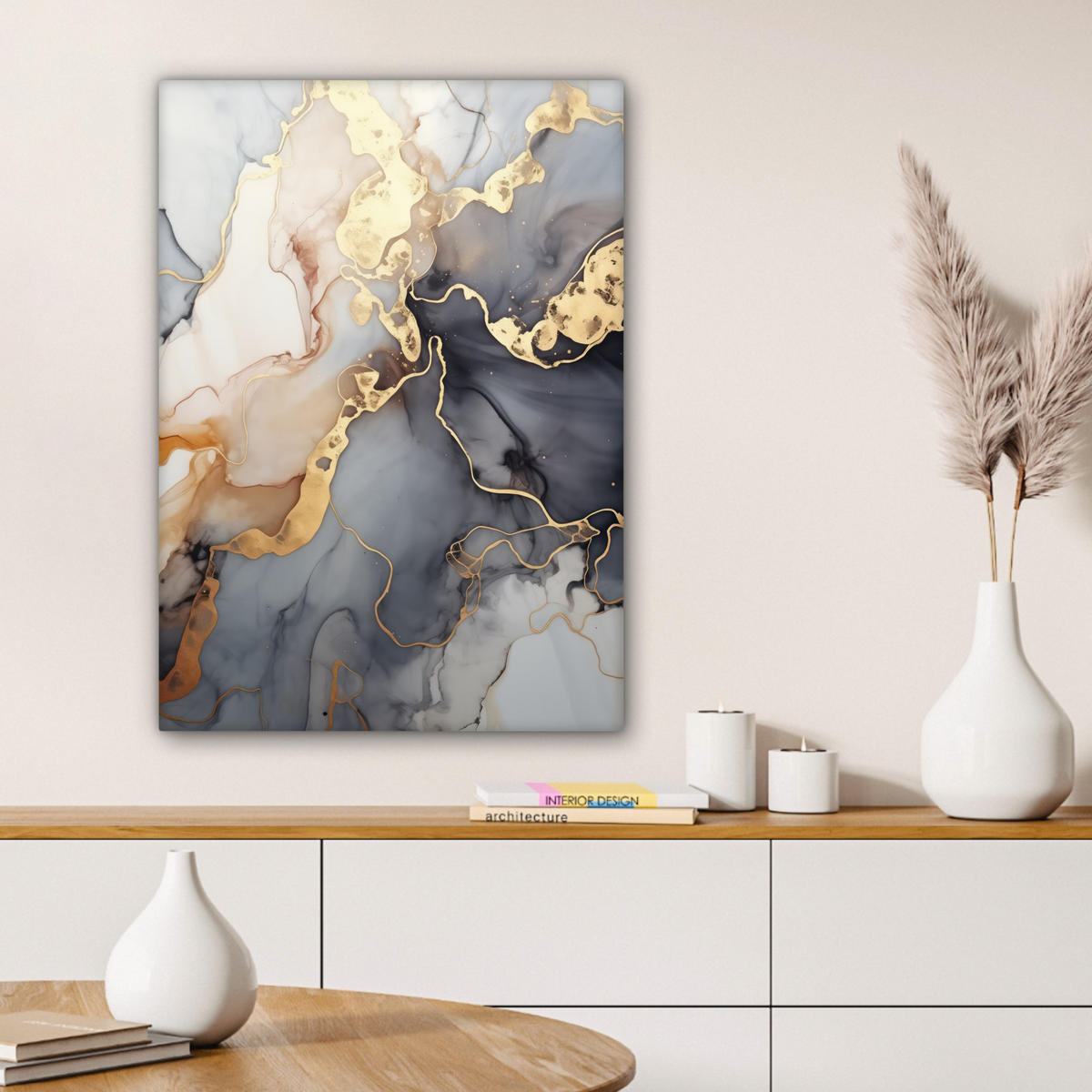 LEINWANDBILD Marmor - Schwarz - Gold - Weiß Wandbild Wohnzimmer 60x80 cm - Dunkelgrau, Textil (60/80cm) - MuchoWow