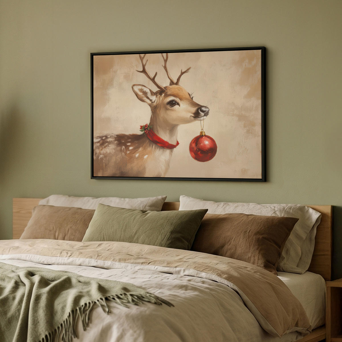 LEINWAND Bilder mit Rahmen - Weihnachten - Hirsch - Geweih - Weihnachtskugel - Rentier - 80x60 - Hellbraun, Textil (80/60cm) - MuchoWow