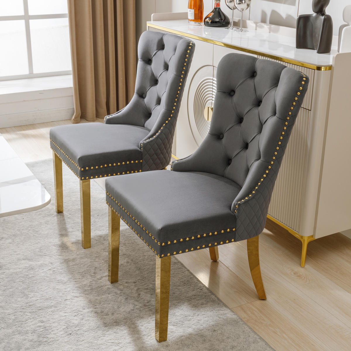 ESSZIMMERSTUHL 2-Tlg Samt Grau Gold, Nagelkopf, Gold Beine - Grau, Textil (50.5/95/45cm) - FLIEKS