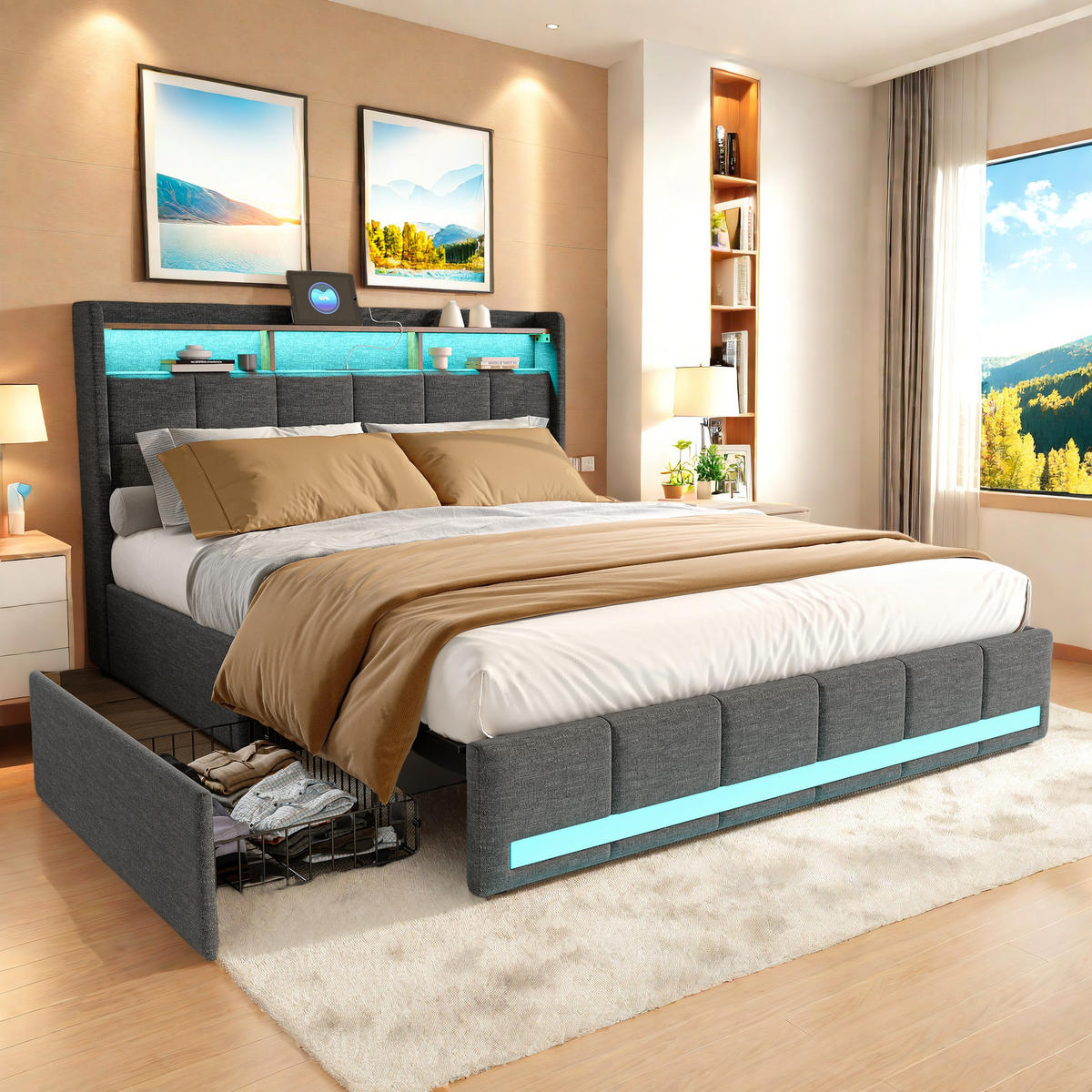 FUNKTIONSBETT POLSTERBETT 140x200 cm, mit USB-Laden & Stauraum, Grau - Grau, Holz (140/200cm)