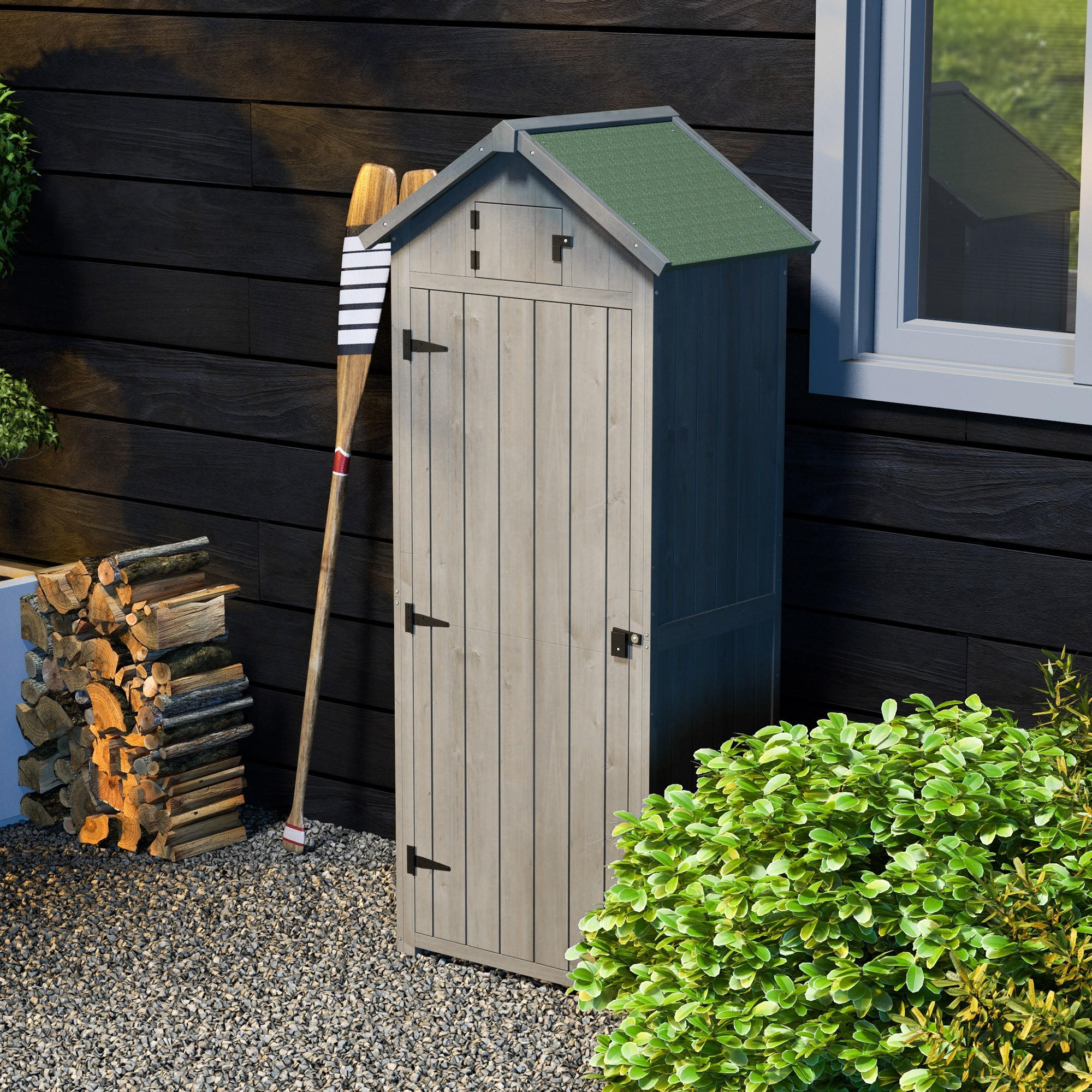 GARTENSCHRANK Gerätehaus Geräteschuppen, mit Fachböden, Asphaltdach, Holz, Grau+Grün - Grau/Grün, Holz (54.2/179/77cm) - Outsunny