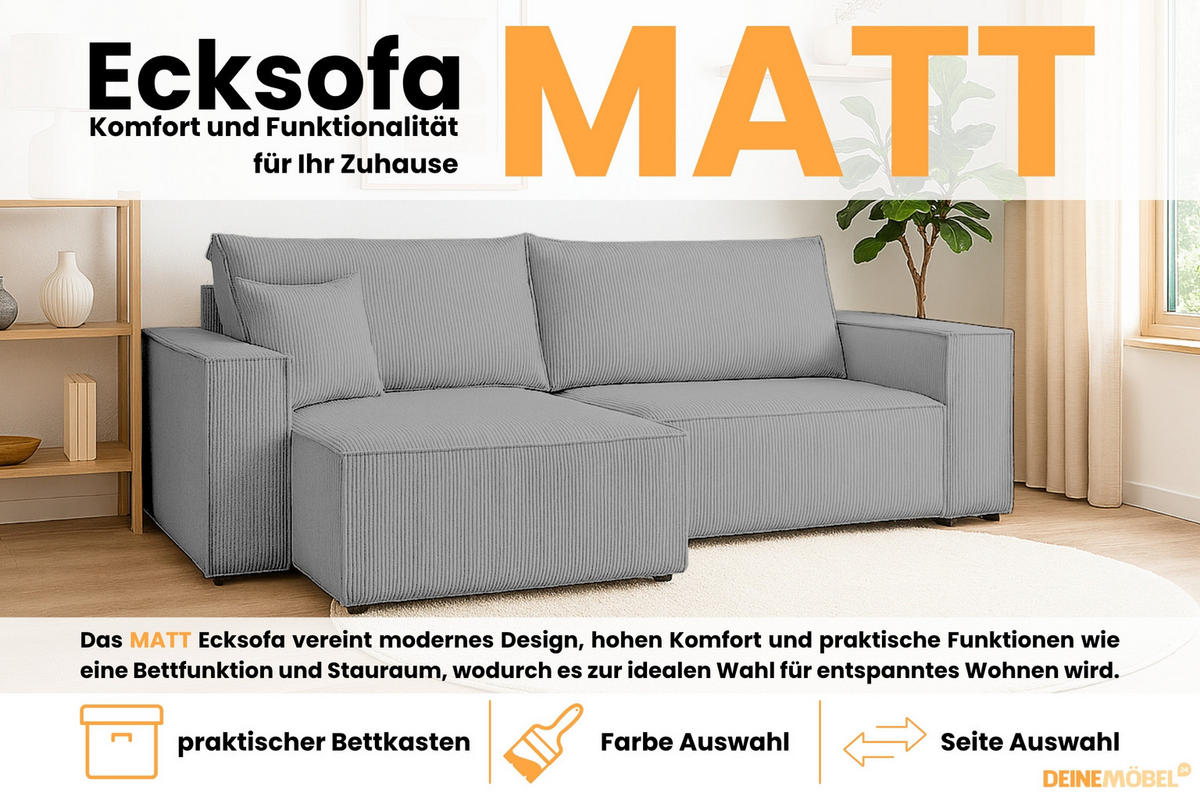ECKSOFA MATT 255/153 cm links in Cord Hellgrau - Hellgrau/Schwarz, Holz/Holzwerkstoff (255/153cm) - Deine Möbel 24