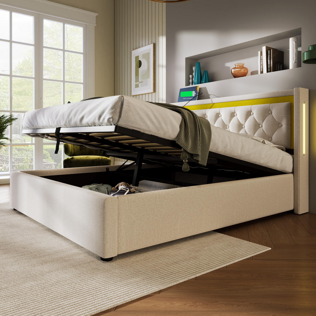 POLSTERBETT 140/200 cm mit LED-Beleuchtung, USB- und USB-C-Anschlüssen, Bettkasten und Matratze, Beige - Beige, Textil - Redom