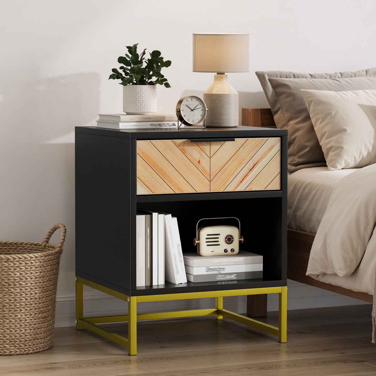 NACHTTISCH 43/40/55 cm Schwarz/Natur aus MDF mit Schublade - Hellbraun, Holzwerkstoff (40/55/43cm) - OKWISH